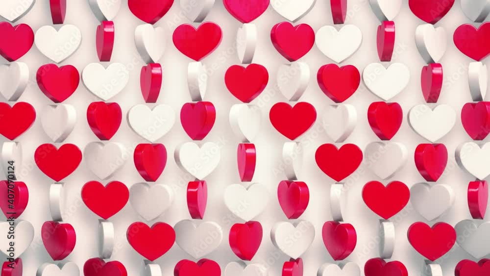 Red and white hearts pattern 3d render. Loop rotating animation of valentine's symbols on white background. Red and white hearts pattern 3d render. Loop rotating animation of valentine's symbols on white background.