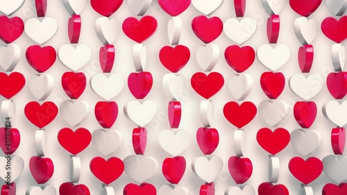Red and white hearts pattern 3d render. Loop rotating animation of valentine's symbols on white background.