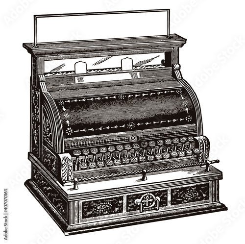Antique mechanical cash register, in three-quarter view. Illustration after an engraving from the early 20th century