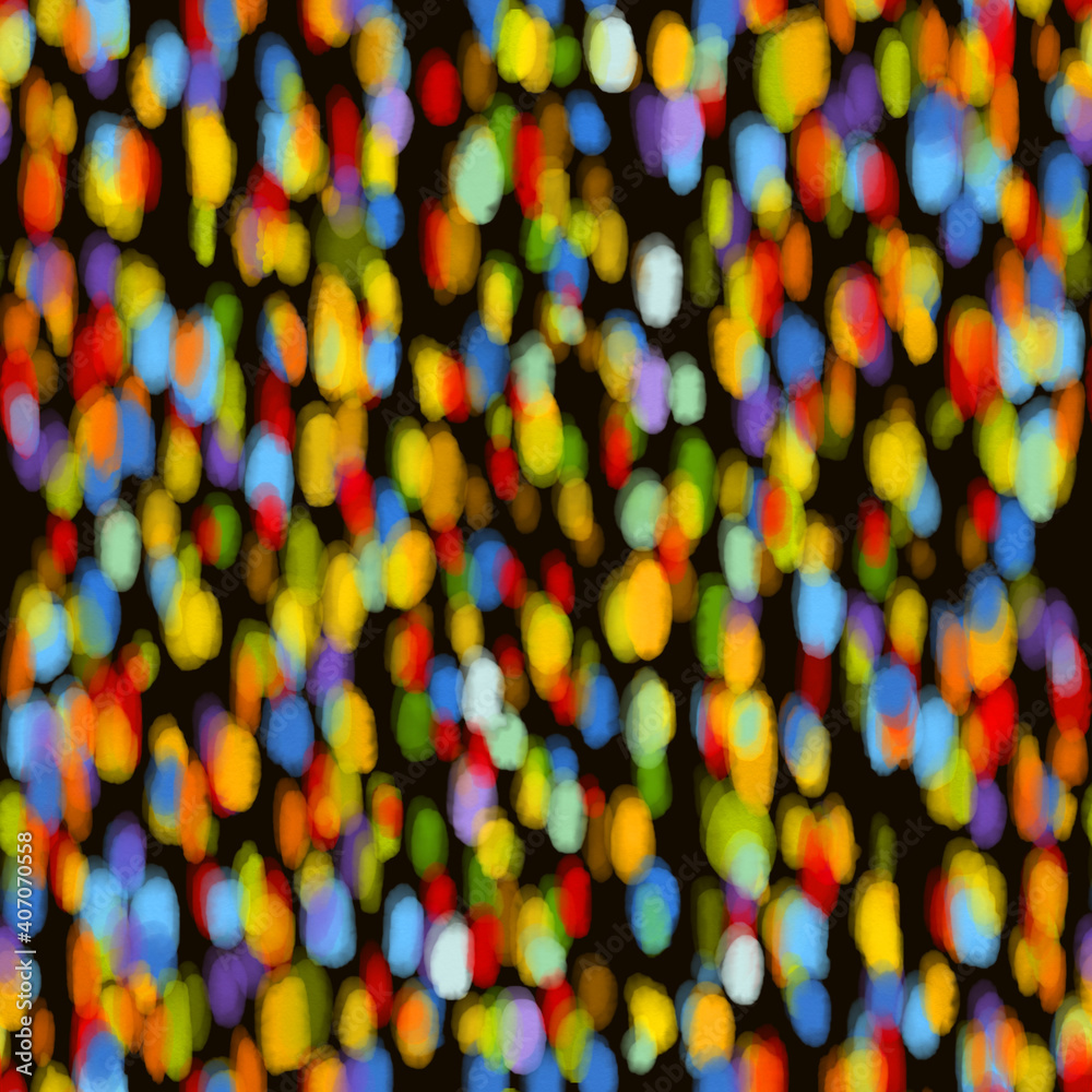 Colorful watercolor round spots, uneven tiny polka dots seamless pattern. Circle shape brush strokes, paint stains, watercolor smudges on black background. Hand drawn multicolor dot texture.