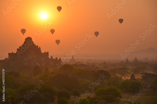 hot air balloons at sunrise in Bagan, Myanmar