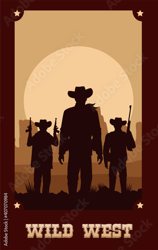 wild west lettering in poster with cowboys and guns