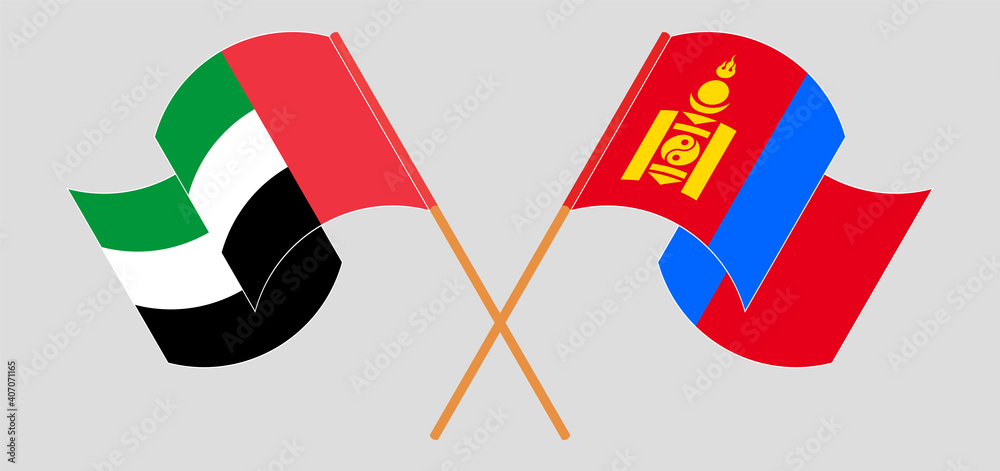Crossed and waving flags of the United Arab Emirates and Mongolia Crossed and waving flags of the United Arab Emirates and Mongolia