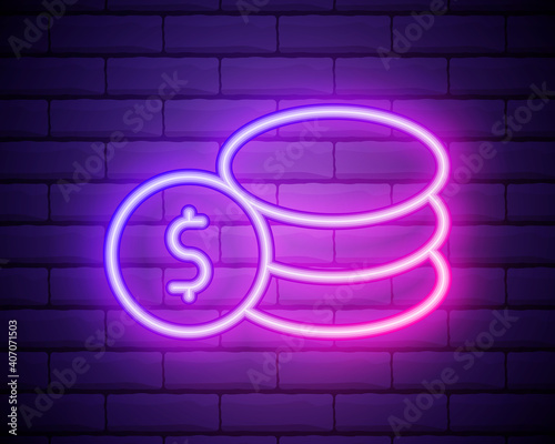 Neon glowing icon of stack of coins isolated on brick wall background. Money, wealth or good luck concept in night signboard style. Vector 10 EPS illustration.