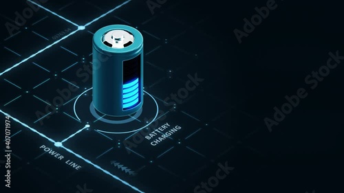 Charging the battery from the power line 3d render concept. Blue digital connecting charging interface with charge indicator symbol animation.