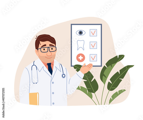 Health insurance concept on light background. Young flat doctor character with form in hospital. Medical dental and vision care life insurance document. Cartoon medicine business vector illustration.
