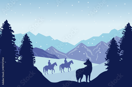 wild west snowscape scene with cowboys in horses and dog