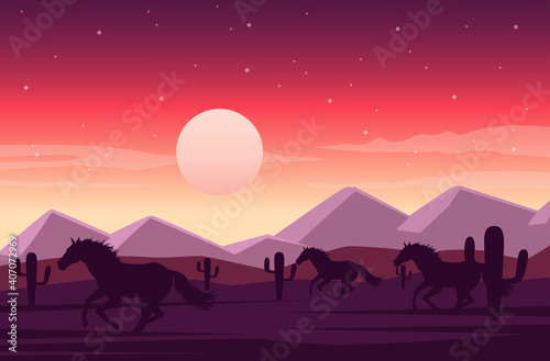 wild west sunset desert scene with horses running