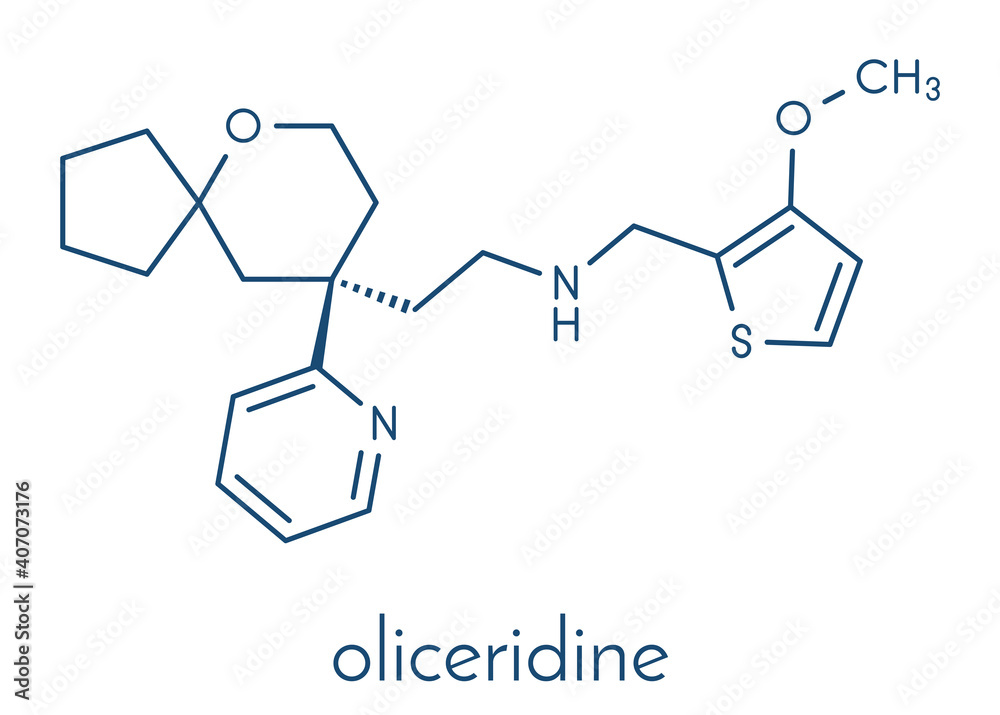 Fototapeta premium Oliceridine painkiller drug molecule. Skeletal formula.