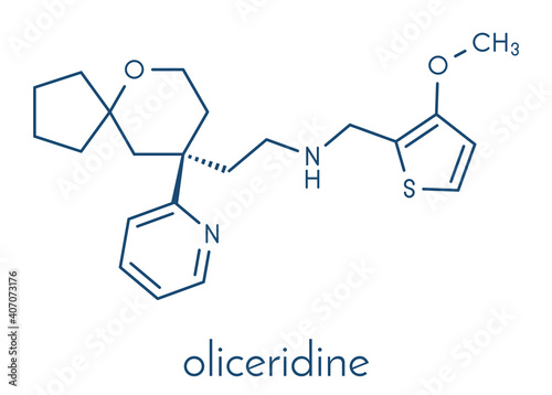 Oliceridine painkiller drug molecule. Skeletal formula.