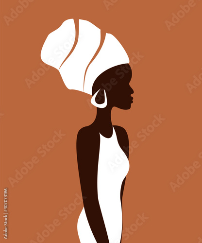 Beautiful african woman with head piece and big earrings silhouette with white and brown colours.
