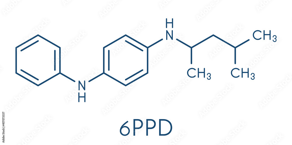 6PPD rubber additive molecule. Toxic to salmon. Skeletal formula. 6PPD rubber additive molecule. Toxic to salmon. Skeletal formula.