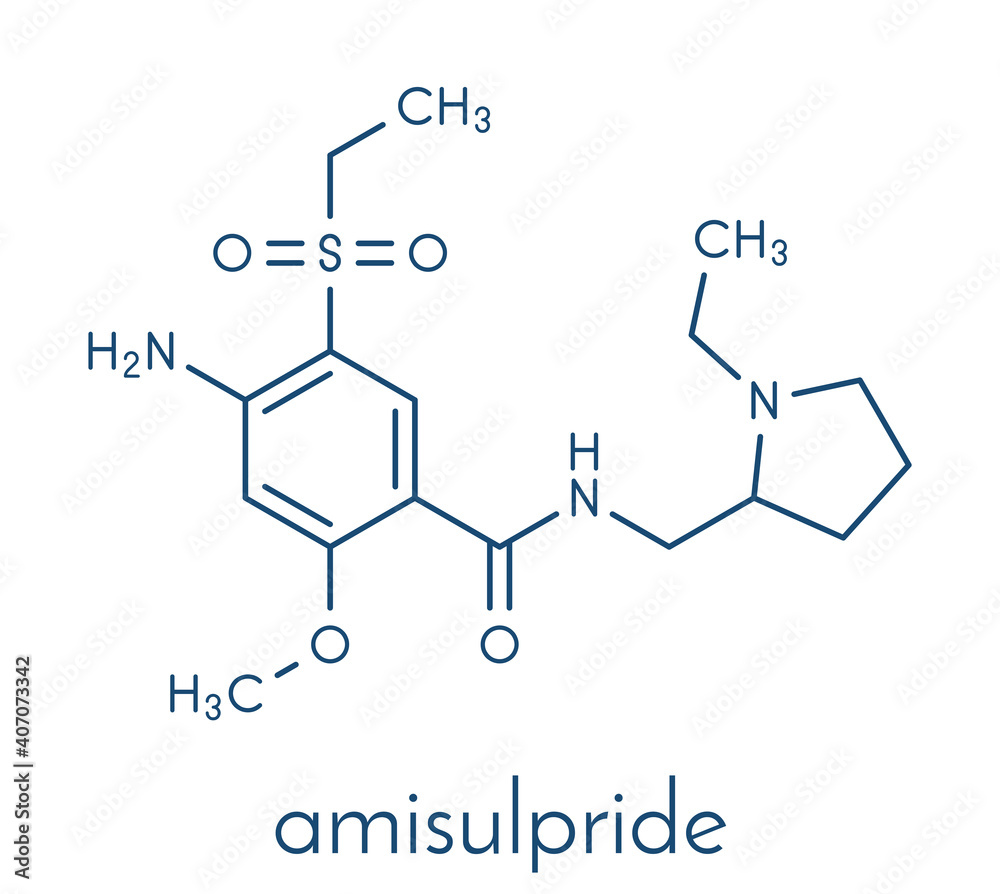 Amisulpride drug molecule. Skeletal formula.