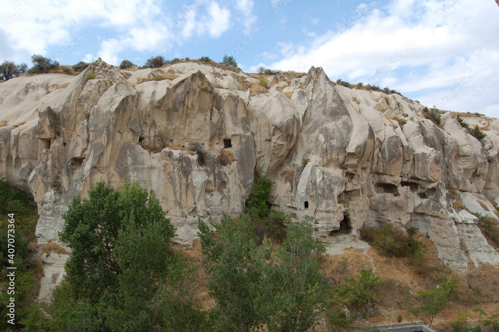 Valley of Goreme, in Cappadocia (Central Anatolia, Turkey). Ancient rock-cut Christian Byzantine churches. Old paintings. Fairy chimneys
