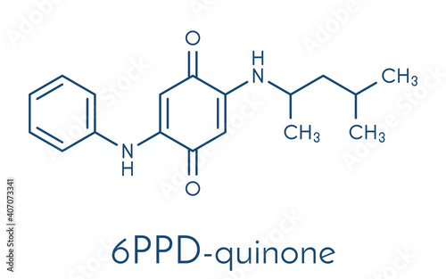6PPD-quinone, degradation product of the rubber additive 6PPD. Toxic to salmon. Skeletal formula.