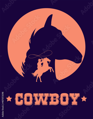 cowboy lettering in wild west poster with cowboy lassoing and horse head