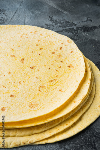 Corn Tortilla, on gray background  with copy space for text