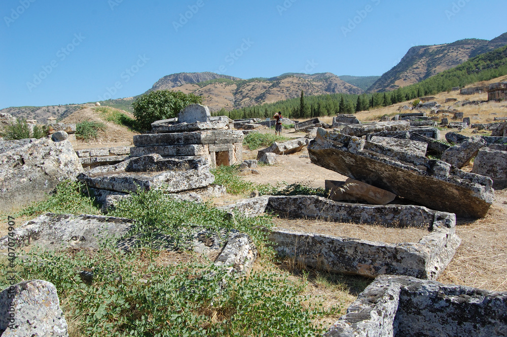 Ancient Roman ruins of Hierapolis (Anatolia, Turkey). Next to the natural hot springs of Pamukkale. Necropolis. Tombs
