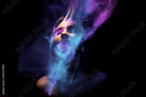 lightpainting portrait, new art direction, , light drawing at long exposure