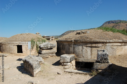 Ancient Roman ruins of Hierapolis (Anatolia, Turkey). Next to the natural hot springs of Pamukkale. Necropolis. Circular Tombs
 photo