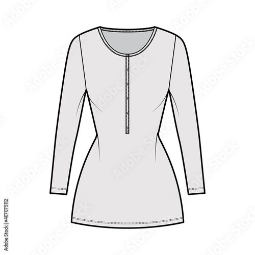 Shirt dress mini technical fashion illustration with henley neck, long sleeves, fitted body, Pencil fullness, stretch jersey. Flat apparel template front, grey color. Women, men, unisex CAD mockup