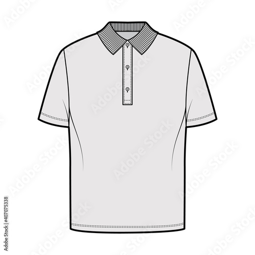 Shirt polo technical fashion illustration with short sleeves, tunic length, henley neck, oversized, flat knit collar. Apparel top outwear template front, grey color. Women men unisex CAD mockup