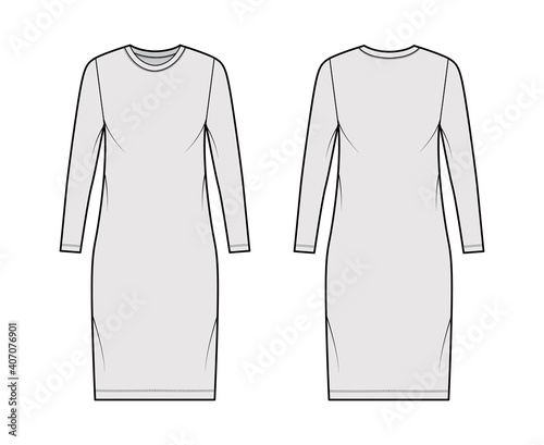 T-shirt dress technical fashion illustration with crew neck, long sleeves, knee length, oversized, Pencil fullness. Flat apparel template front, back, grey color. Women, men, unisex CAD mockup