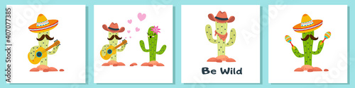 funny cactus with guitar and sombrero on white