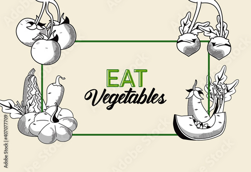 eat vegetables lettering poster with healthy food in rectangular frame