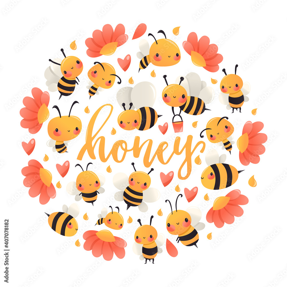 Obraz premium Super Cute Cartoon Honey Bees Round Decoration