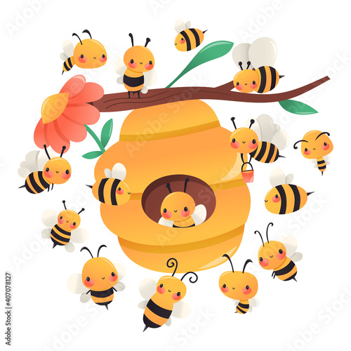 Super Cute Cartoon Bees Around Hive