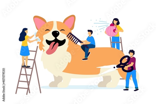 Professional groomer services vector illustration in flat cartoon style Pet hair salon Styling and grooming shop Pet store for dogs Tiny groomers  holding tools at the hands caring for Corgi