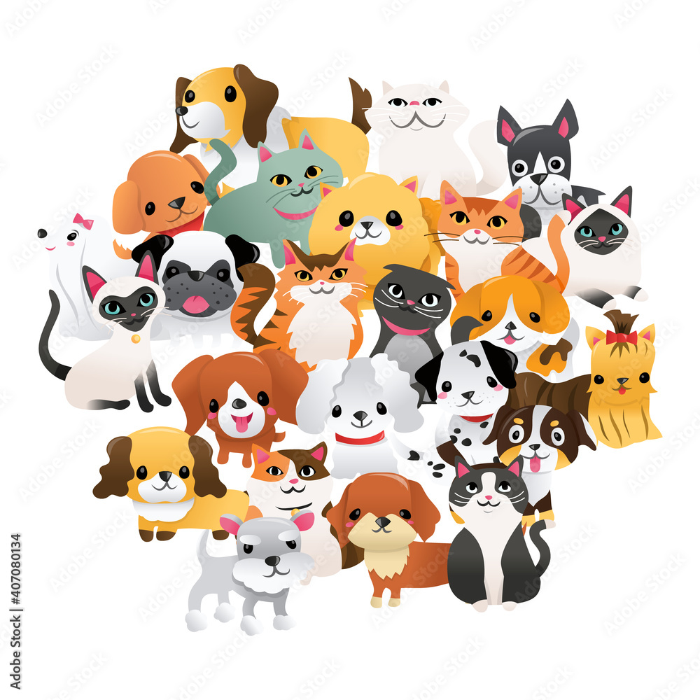 Fototapeta premium Super Cute Cartoon Puppies Kittens Group