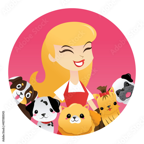 Cartoon Woman Cute Puppies Round Frame