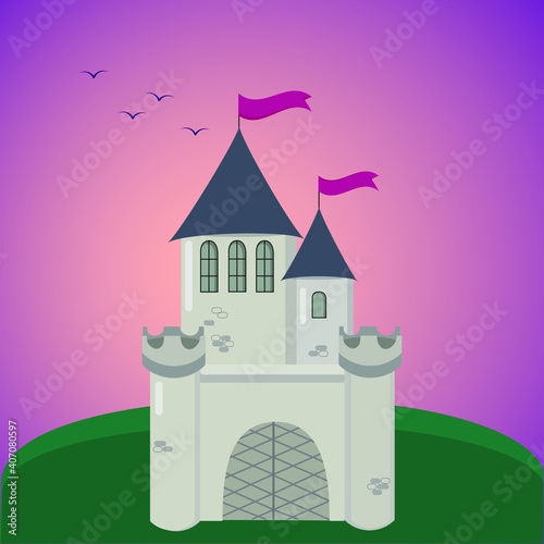 Fairytale castle from the middle ages at sunset. Cartoon landscape. Vector illustration