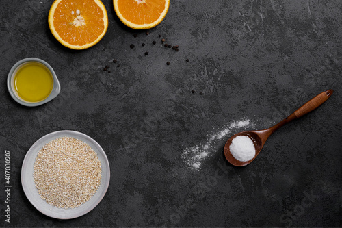 Canvastavla Stół kuchenny z pomarańczem. Zdrowa dieta. Mockup