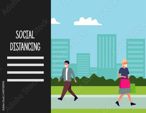 social distancing for covid19 prevention campaign with couple wearing medical masks on the city