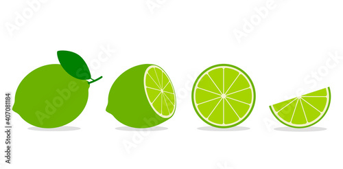 set of whole and sliced lime or lemon with leaf.