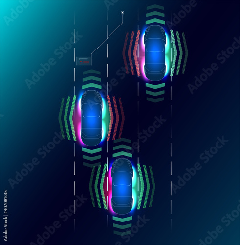 Car interface in HUD, GUI, UI style. Automotive sensing system concept. Autonomous car. Driver assistant system. Car top view with electronic digital interface, parameters and options, scans the road
