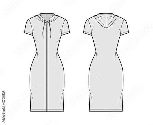 Hoodie zip-up dress technical fashion illustration with short sleeves, knee, mini length, fitted body, Pencil fullness. Flat apparel template front, back, grey color. Women, men, unisex CAD mockup