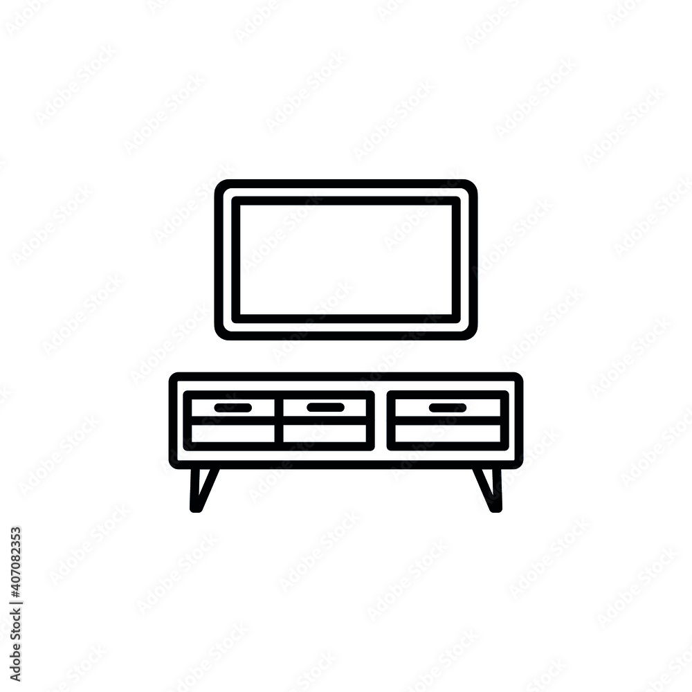 Table with TV and speakers. Modern furniture. Living room interior. Line flat design vector illustration. Table with TV and speakers. Modern furniture. Living room interior. Line flat design vector illustration.