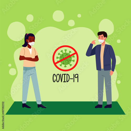interracial couple wearing medical mask and stop covid19 prevention campaign