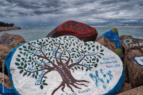 Scenes from V Wall at Nambucca Heads, of various graffiti in remembrance of people, as a public display.