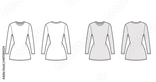 T-shirt dress technical fashion illustration with crew neck, long sleeves, mini length, slim fit, Pencil fullness. Flat apparel template front, back, white, grey color. Women, men, unisex CAD mockup