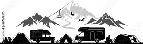 Camping Bus Mountain Silhouette Vector