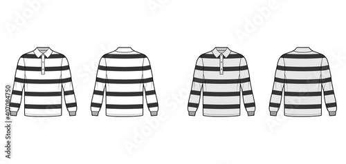 Shirt rugby technical fashion illustration with long sleeves, tunic length, henley neck, oversized, flat collar. Apparel top outwear template front, back, white grey color. Women men unisex CAD mockup