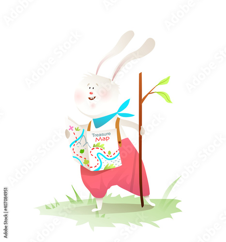 Rabbit little explorer go for adventures with wooden stick wearing clothes. Cute hare animal character for children, cartoon clip art isolated on white. Vector graphics for kids events, books or
