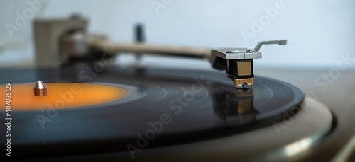 Gramophone vintage player with vinyl disk. Banner sized. Close up. Retro music concept