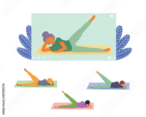 fitness and yoga classes online. playing sports according to video instructions. a group of people doing fitness video tutorial. vector flat. Sports at home at leisure, on weekends or in quarantine