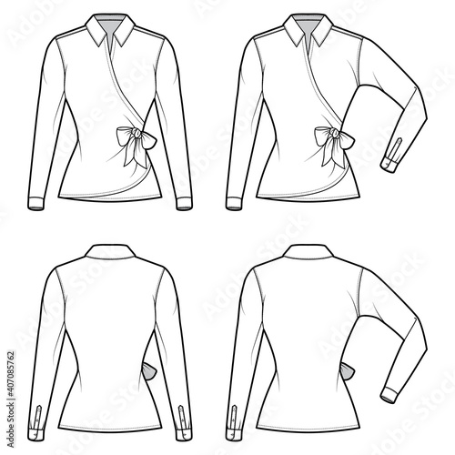Set of Shirt wrap technical fashion illustration with bow tie closure, elbow folded long sleeves, fitted body. Flat blouse apparel top outwear template front, back, white color. Women men CAD mockup
